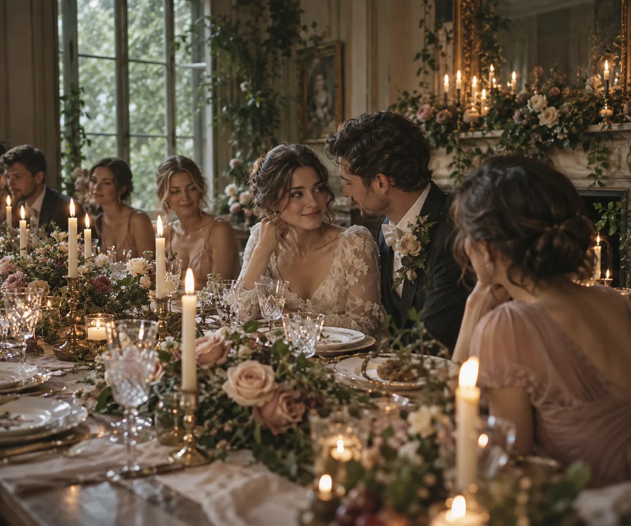 Guests seated at a warm candlelit wedding reception