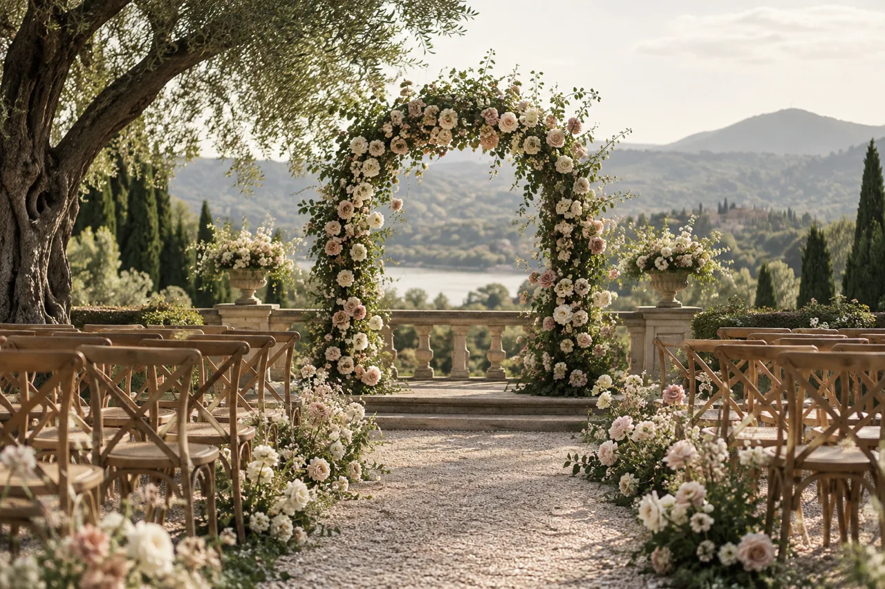 Rose arch framing an outdoor garden ceremony