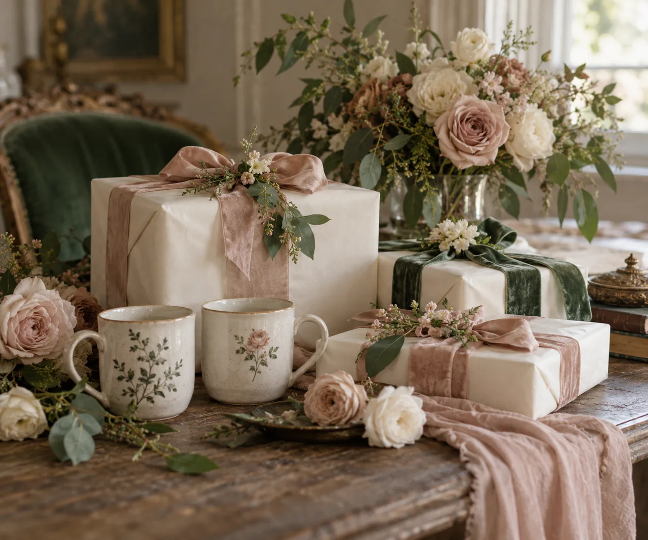 Ivory wrapped gifts beside floral ceramic mugs